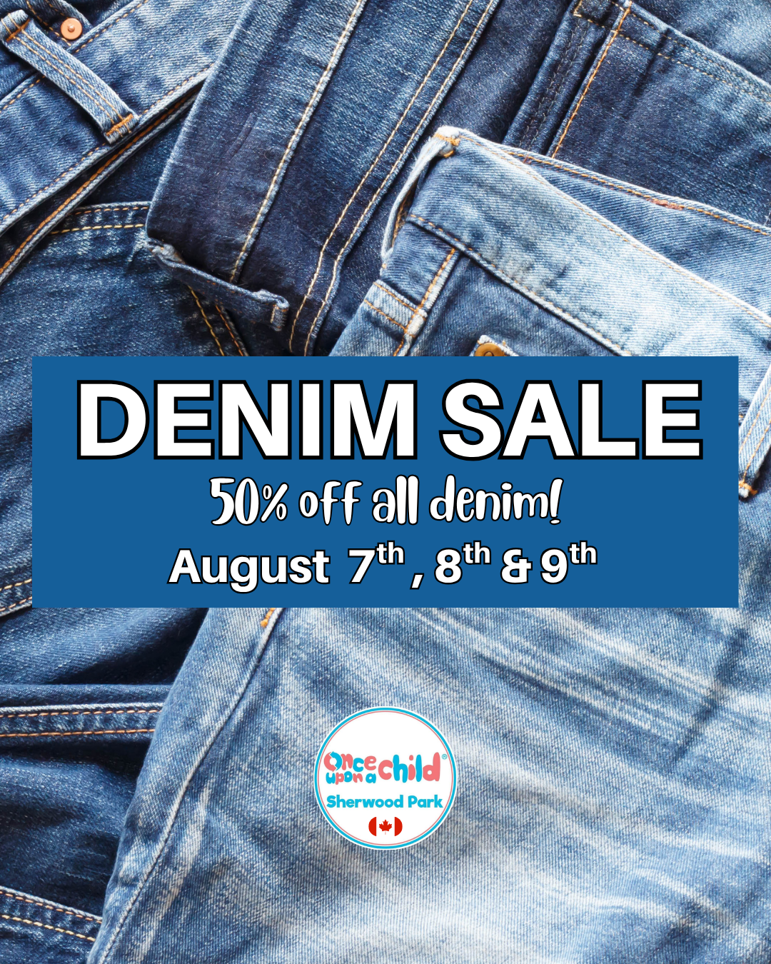 The background is many pairs of jeans laying on top of each other. The text in the foreground says 